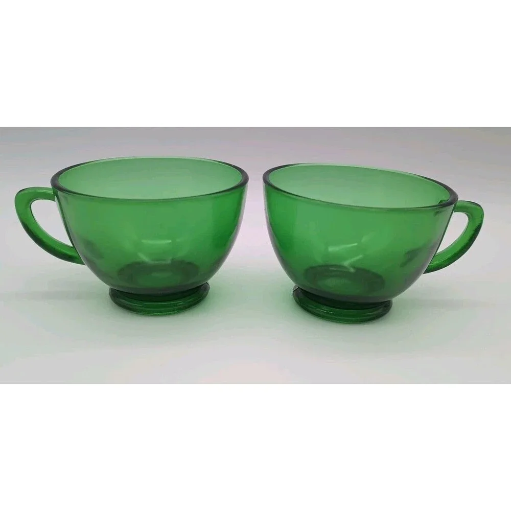 Set of 2 Anchor Hocking Glass Forest Green 6 oz Pattern  Punch  Cup Emerald Vtg